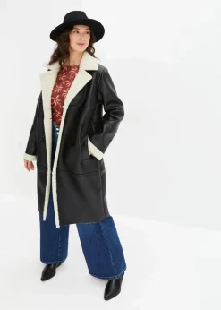 bonprix Bekleidung·Hosen|Jacken & Mäntel^Lederimitat-Mantel schwarz/natur