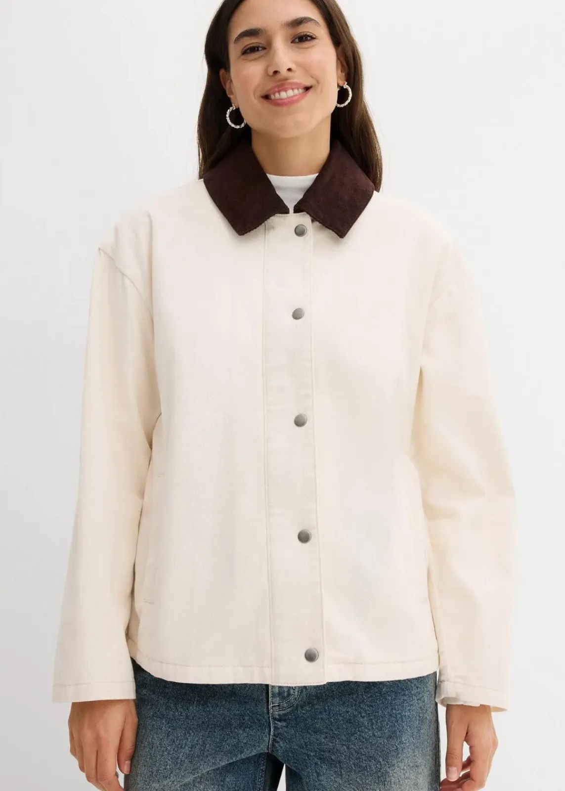bonprix Jacken & Mäntel|Bekleidung·Hosen^leichte Twill-Jacke mit Cordkragen naturbeige