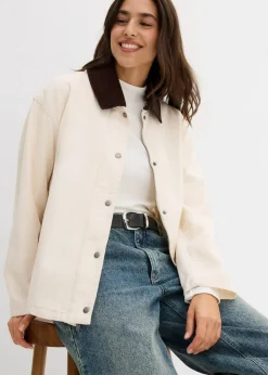 bonprix Jacken & Mäntel|Bekleidung·Hosen^leichte Twill-Jacke mit Cordkragen naturbeige