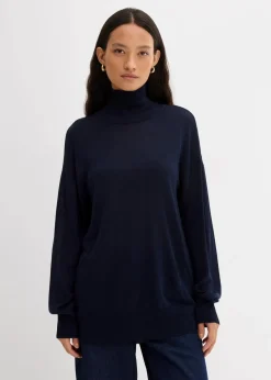 bonprix Pullover & Strickjacken|Strickmode^Leichter Feinstrickpullover mit breitem Turtleneck aus Viskose-Mix dunkelblau