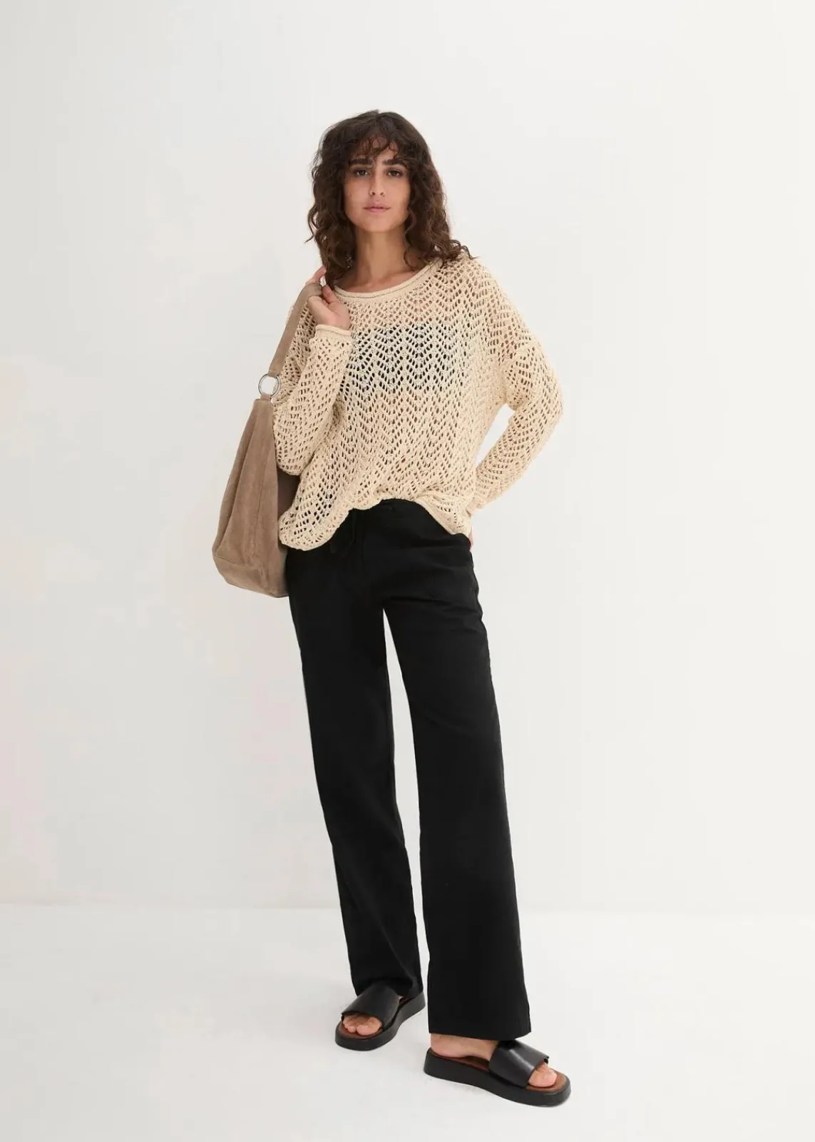 bonprix Kurzgrößen|Bekleidung·Kleider^Leinen-Hose mit weitem Bein schwarz
