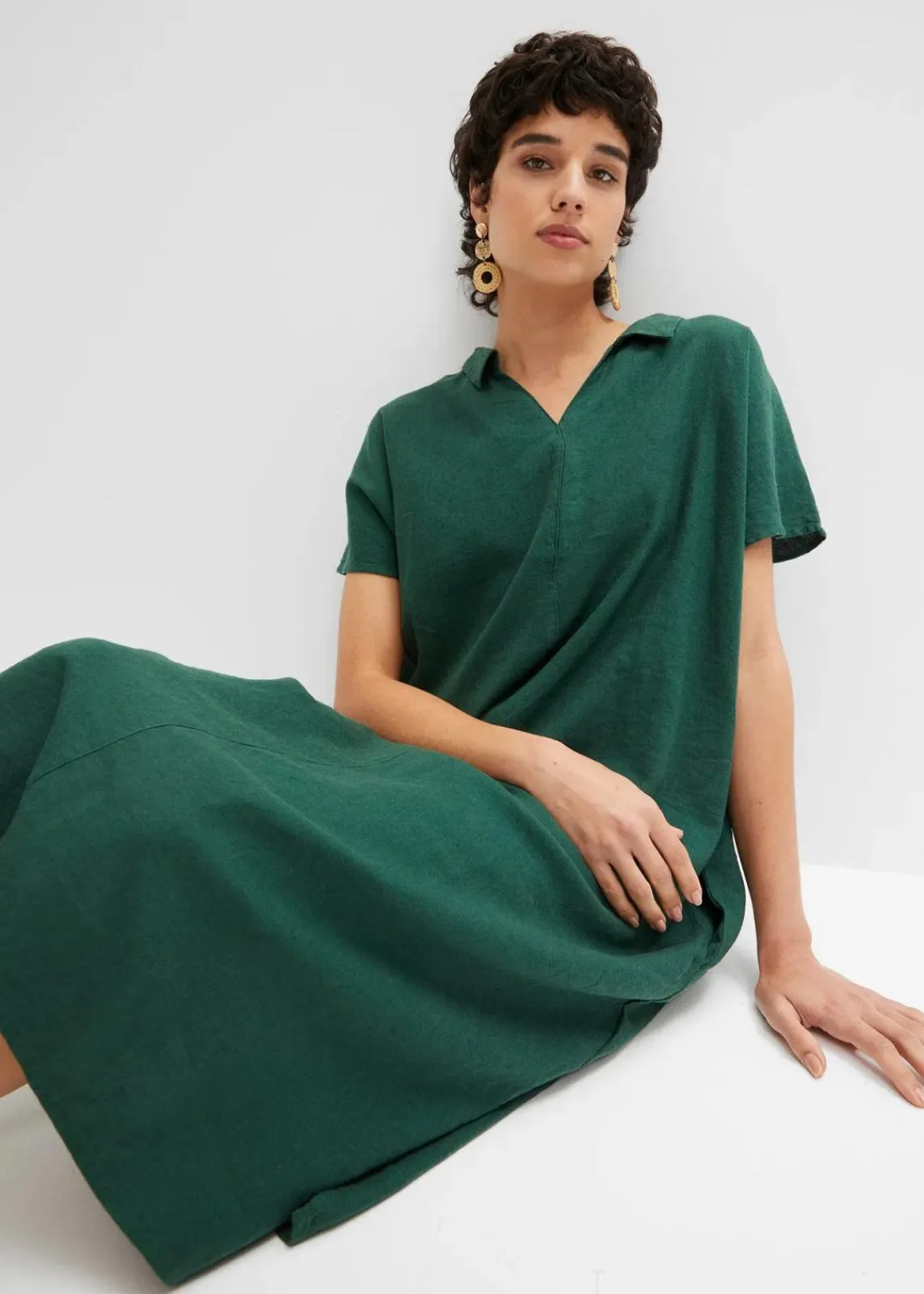 bonprix Bekleidung·Pullover & Strickjacken|Kleider^Leinenkleid dunkelgrün