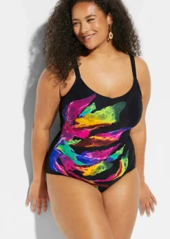 bonprix Nachhaltigere Materialien|Shapewear^Light Shape-Badeanzug mit V-Ausschnitt schwarz bedruckt