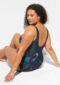 bonprix Nachhaltigere Materialien|Shapewear^Light Shape-Badeanzug mit Raffung schwarz / dunkelgrün graphisch bedruckt