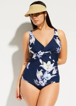 bonprix Nachhaltigere Materialien|Shapewear^Light Shape-Badeanzug mit Wickel-Optik dunkelblau floral