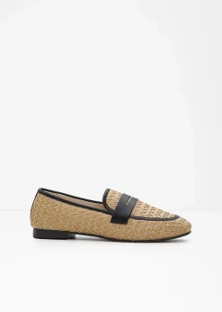 bonprix Slipper & Halbschuhe|Loafer^Loafer in Stroh-Optik beige/schwarz