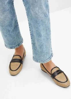 bonprix Slipper & Halbschuhe|Loafer^Loafer in Stroh-Optik beige/schwarz