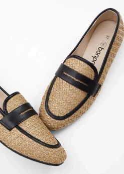 bonprix Slipper & Halbschuhe|Loafer^Loafer in Stroh-Optik beige/schwarz