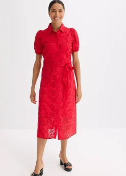 bonprix Kleider^Lochstickerei-Blusenkleid aus reiner Baumwolle tiefrot