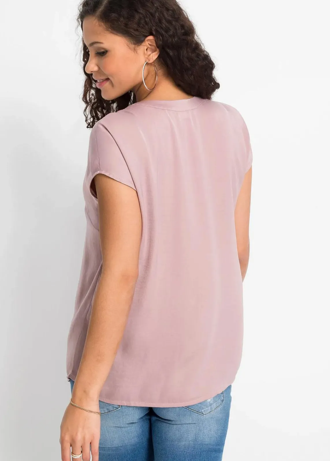 bonprix Nachhaltigere Materialien|Blusen & Tuniken^Lockere Satin-Kurzarmtunika mit überschnittenen Schultern rosenholz