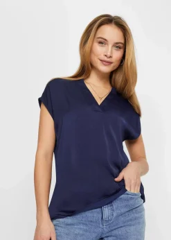 bonprix Bekleidung·Jacken & Mäntel|Blusen & Tuniken^Lockere Satin-Kurzarmtunika mit überschnittenen Schultern dunkelblau