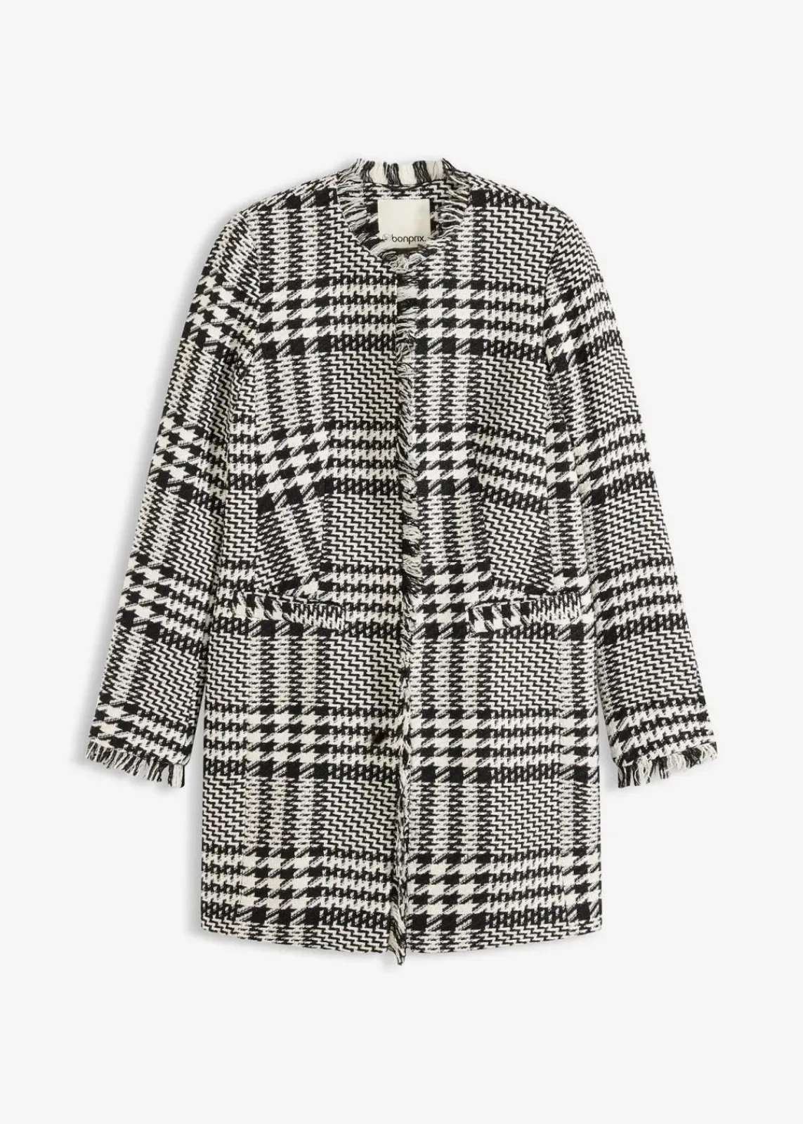 bonprix Blazer|Bekleidung·Basics^Longblazer aus Bouclé schwarz/wollweiß kariert