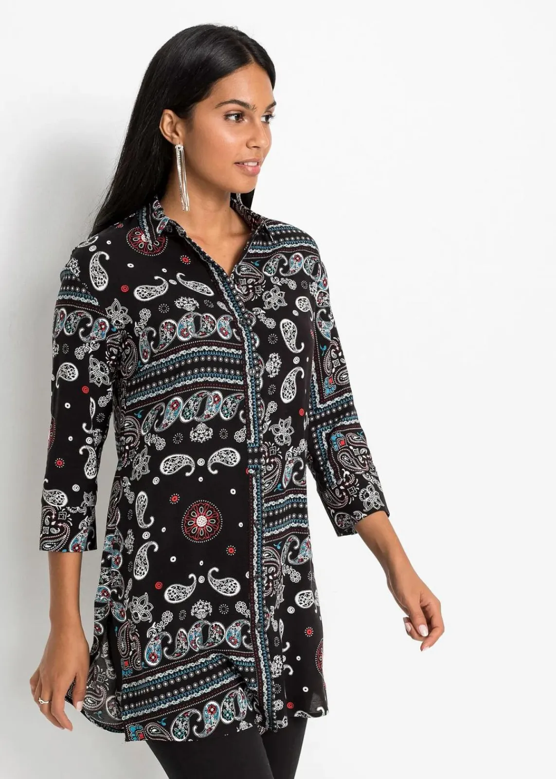 bonprix Blusen & Tuniken|Bekleidung·Jacken & Mäntel^Longbluse schwarz paisley