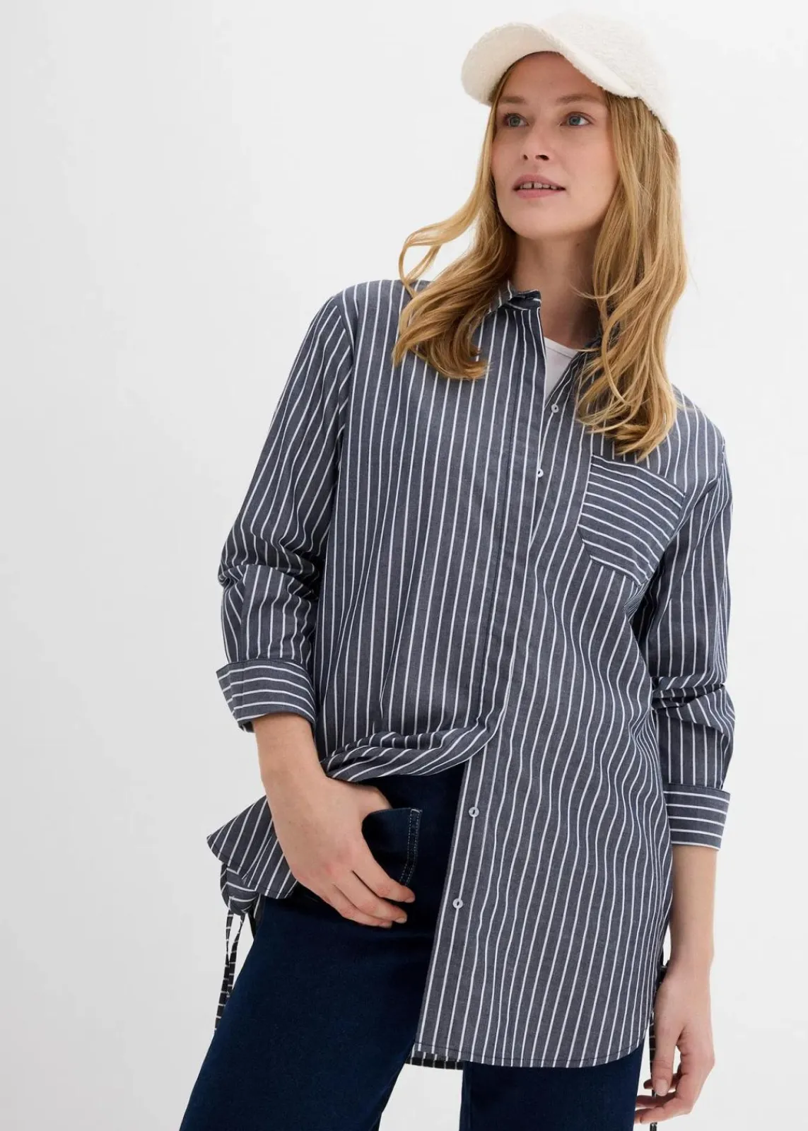 bonprix Bekleidung·Jacken & Mäntel|Blusen & Tuniken^Longbluse aus reiner Baumwolle dunkelblau/weiß gestreift