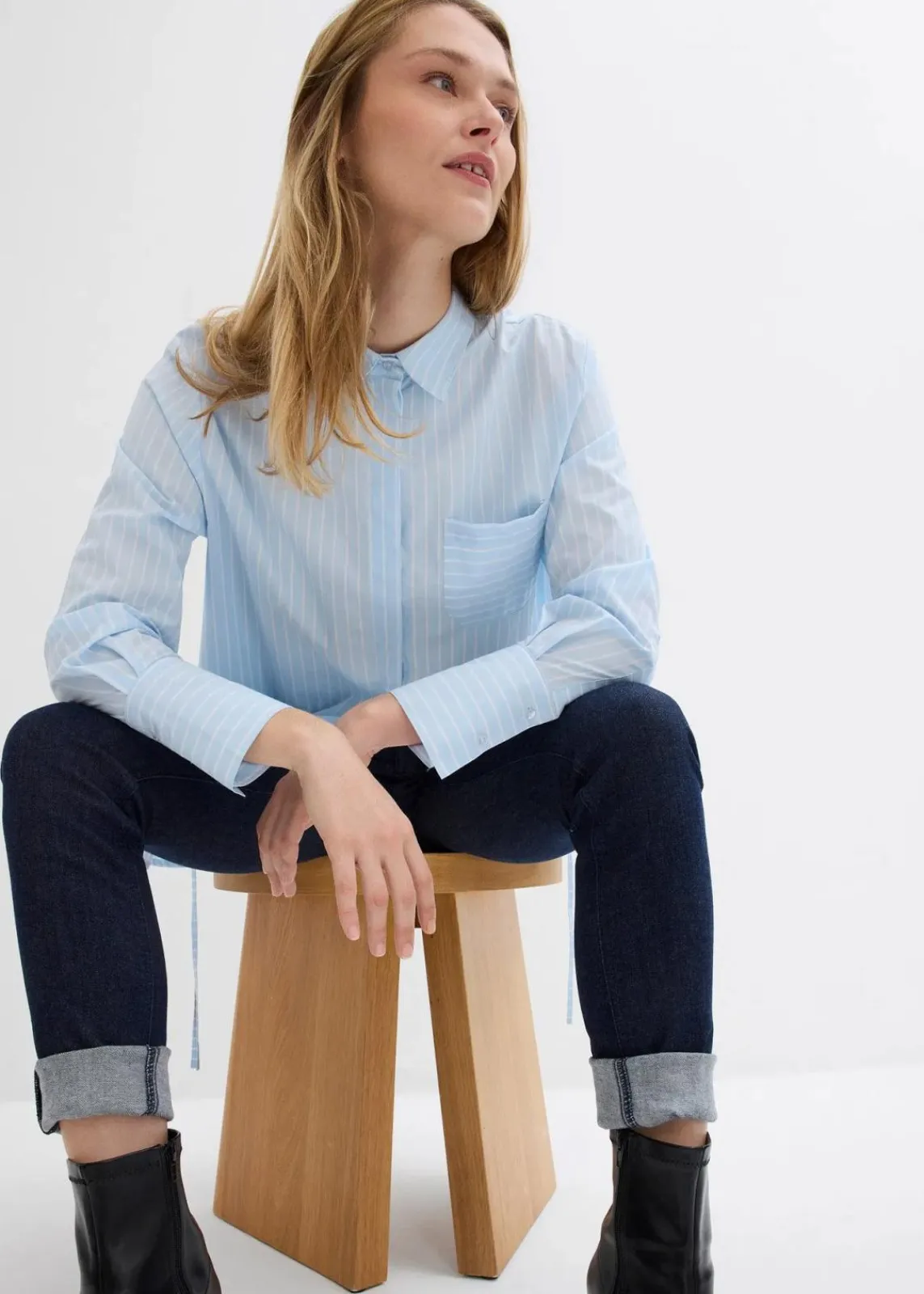 bonprix Blusen & Tuniken|Bekleidung·Jacken & Mäntel^Longbluse aus reiner Baumwolle eisblau/weiß gestreift