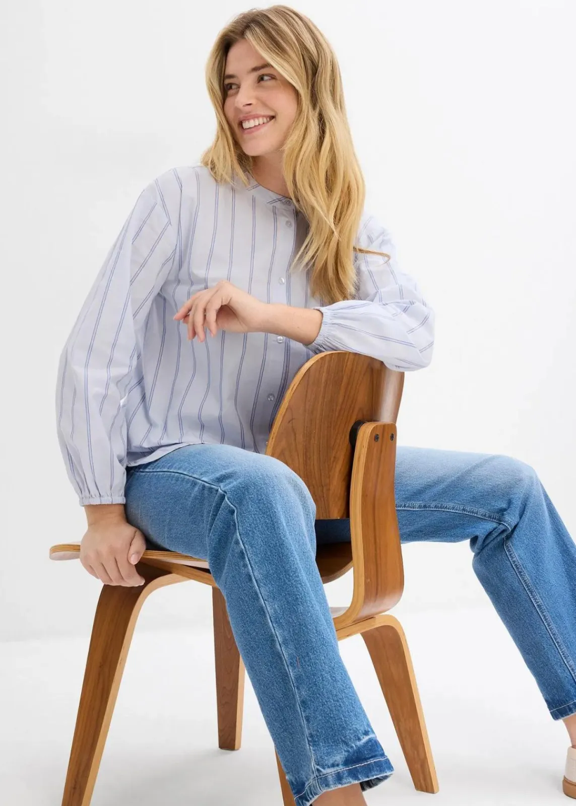 bonprix Blusen & Tuniken|Bekleidung·Jacken & Mäntel^Longbluse aus Baumwollpopeline zartblau längs gestreift