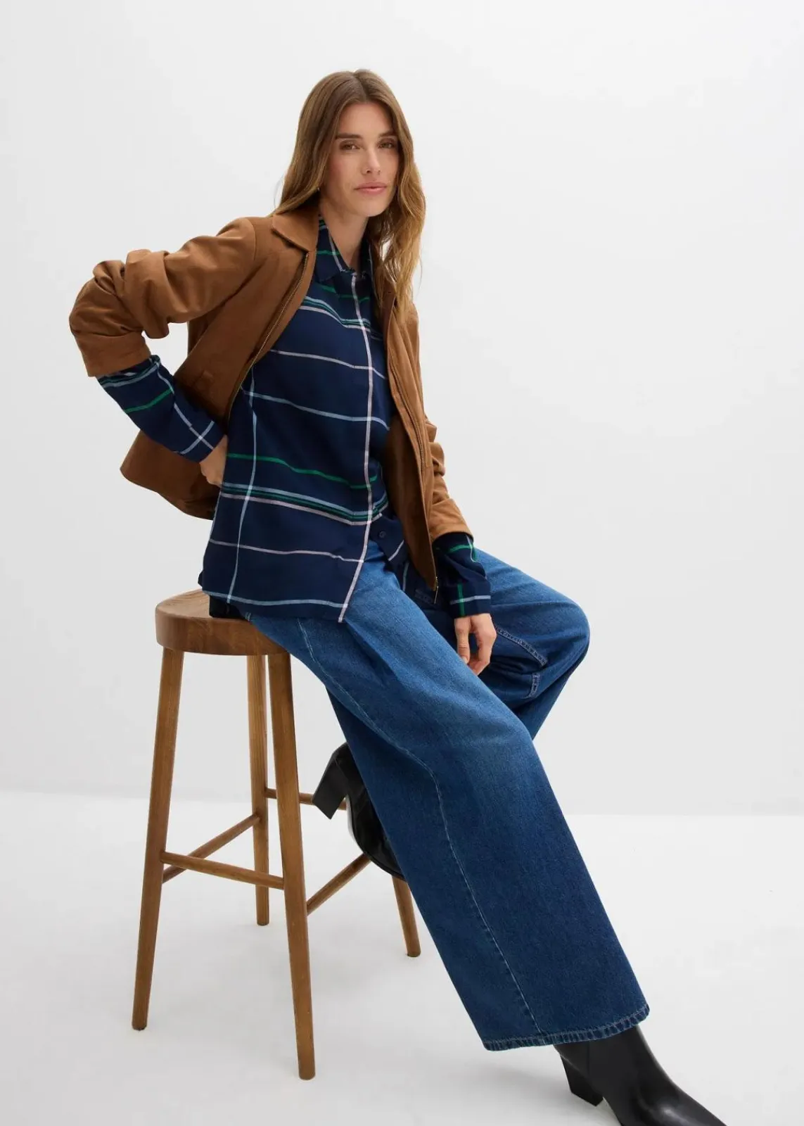 bonprix Bekleidung·Jacken & Mäntel|Blusen & Tuniken^Longbluse aus fließender Viskose dunkelblau kariert