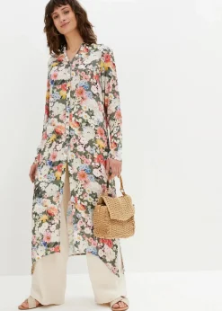 bonprix Bekleidung·Jacken & Mäntel|Nachhaltigere Materialien^Longbluse aus fließender Viskose oliv geblümt