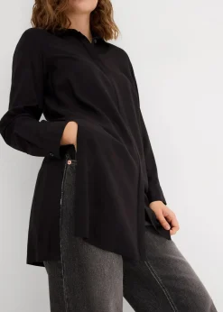 bonprix Bekleidung·Jacken & Mäntel|Nachhaltigere Materialien^Longbluse mit Schlitz aus fließender Viskose schwarz