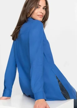 bonprix Blusen & Tuniken|Nachhaltigere Materialien^Longbluse mit Schlitz aus fließender Viskose arktikblau