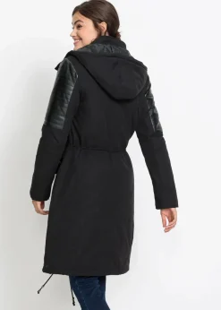 bonprix Bekleidung·Hosen|Jacken & Mäntel^Long-Parka mit Lederimitateinsatz schwarz
