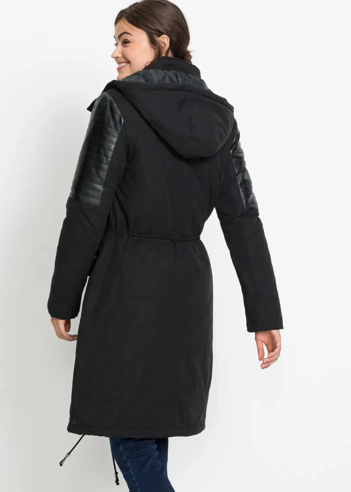 bonprix Bekleidung·Hosen|Jacken & Mäntel^Long-Parka mit Lederimitateinsatz schwarz