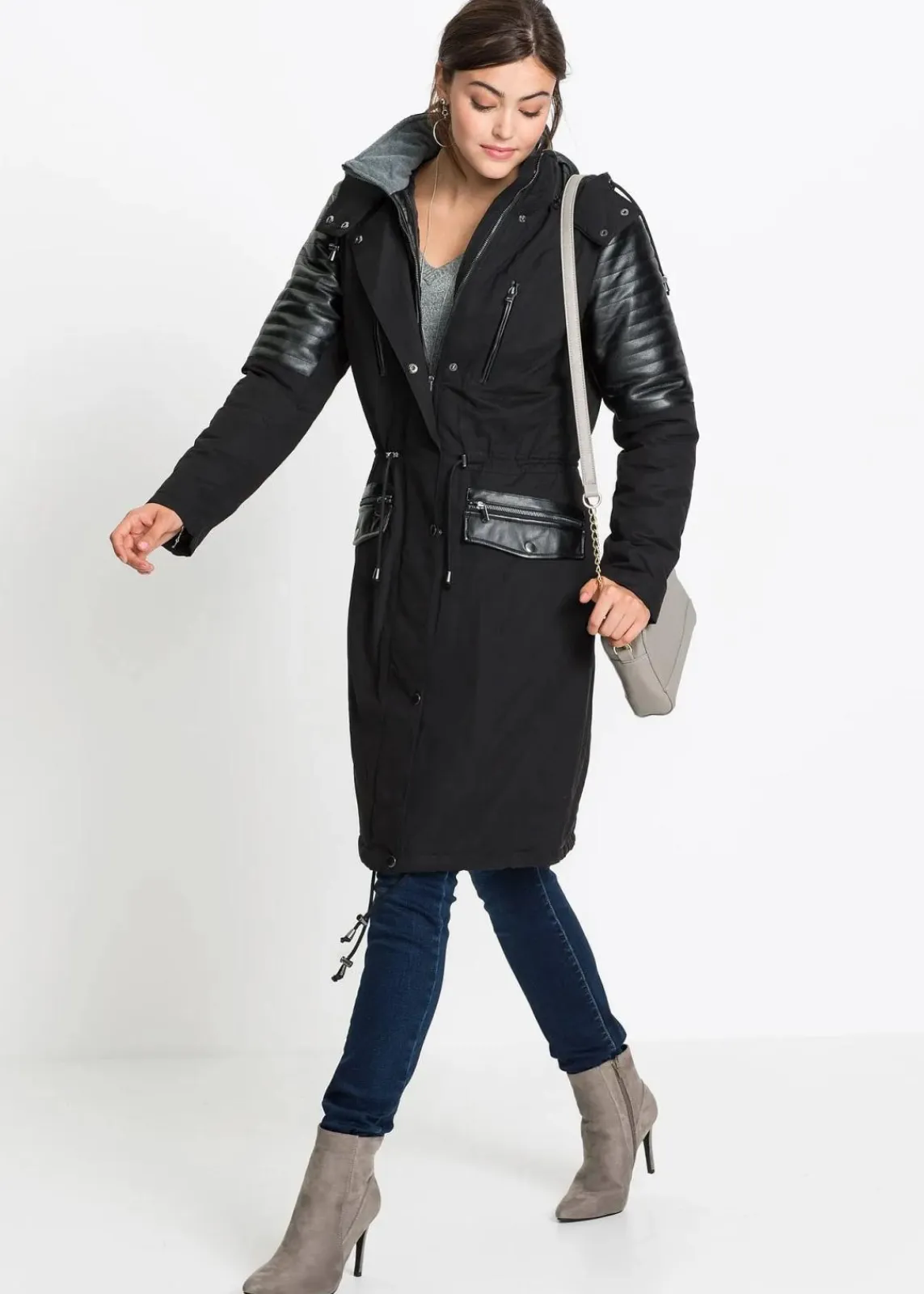 bonprix Bekleidung·Hosen|Jacken & Mäntel^Long-Parka mit Lederimitateinsatz schwarz