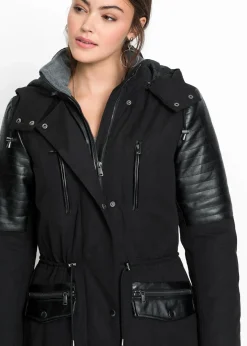 bonprix Bekleidung·Hosen|Jacken & Mäntel^Long-Parka mit Lederimitateinsatz schwarz