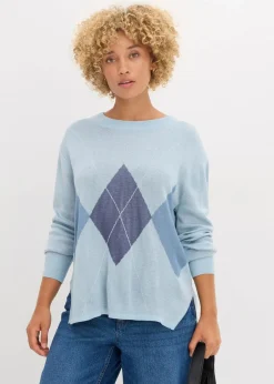 bonprix Pullover & Strickjacken|Strickmode^Longpullover eisblau kariert
