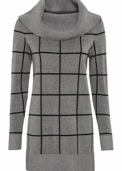 bonprix Bekleidung·Umstandsmode|Strickmode^Long-Pullover grau meliert/schwarz kariert
