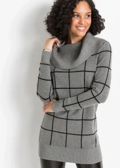 bonprix Bekleidung·Umstandsmode|Strickmode^Long-Pullover grau meliert/schwarz kariert
