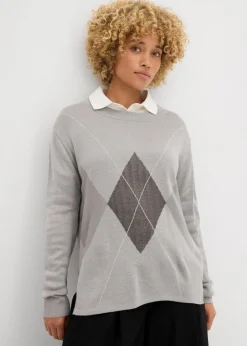 bonprix Bekleidung·Umstandsmode|Bekleidung·Jeans^Longpullover hellgrau meliert kariert