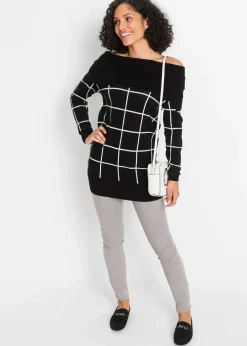bonprix Pullover & Strickjacken|Bekleidung·Jeans^Long-Pullover schwarz/wollweiß kariert