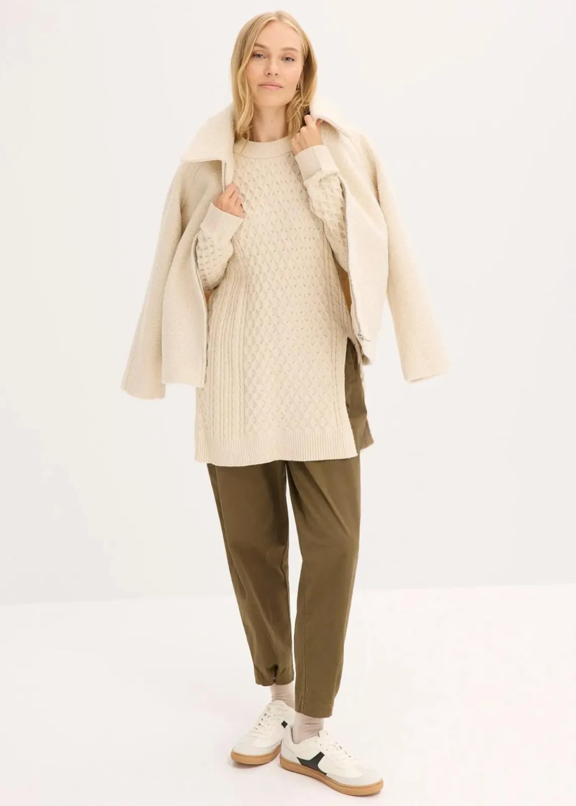 bonprix Strickmode|Pullover & Strickjacken^Longpullover aus fließendem Viskose-Mix kieselbeige meliert