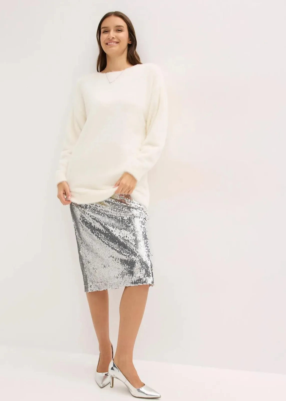 bonprix Bekleidung·Umstandsmode|Bekleidung·Jeans^Longpullover aus weichem Federgarn wollweiß