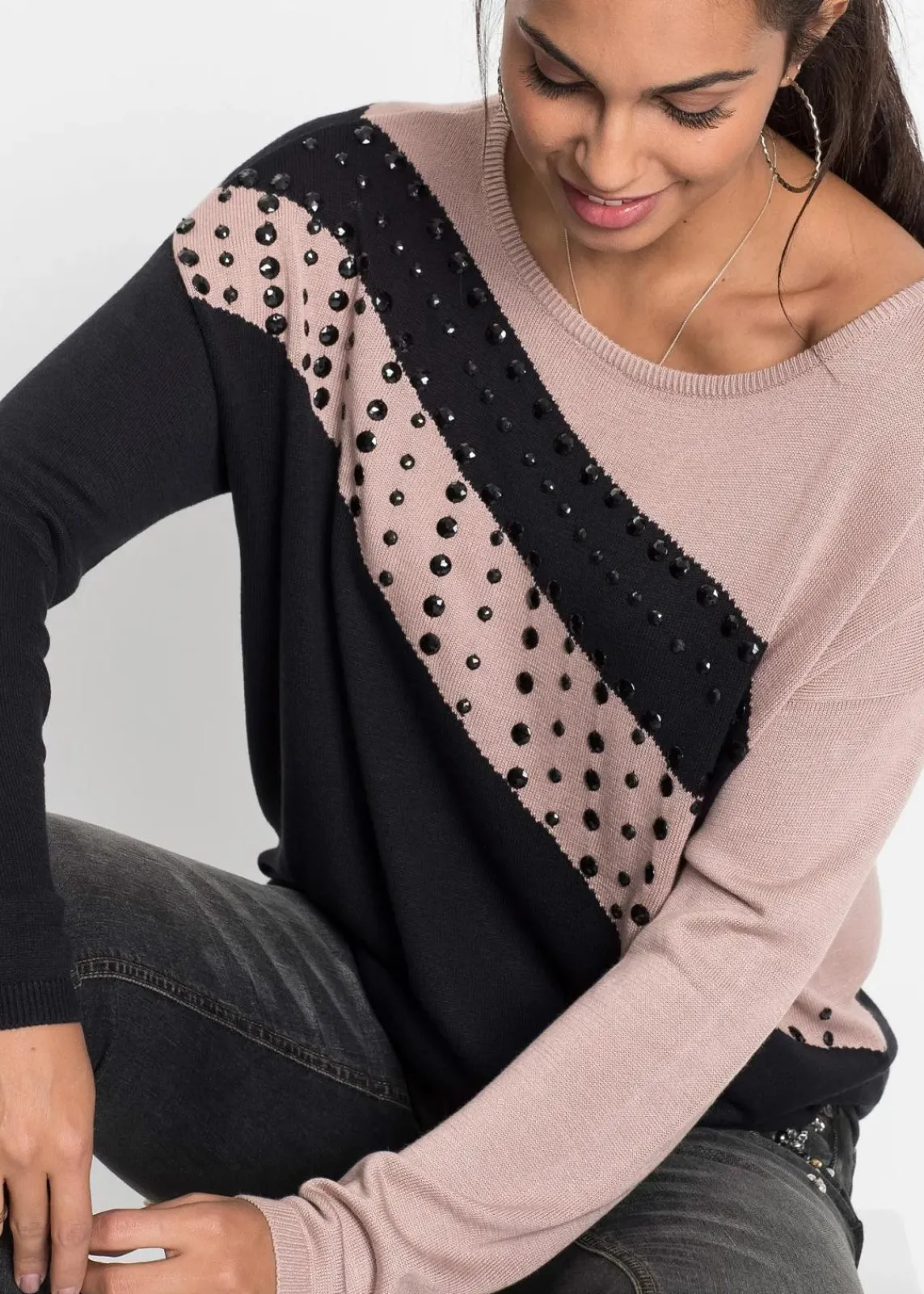 bonprix Bekleidung·Umstandsmode|Bekleidung·Jeans^Longpullover mit Applikation schwarz/rosé