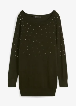 bonprix Bekleidung·Umstandsmode|Pullover & Strickjacken^Long-Pullover mit Glitzersteinen nachtoliv/silber