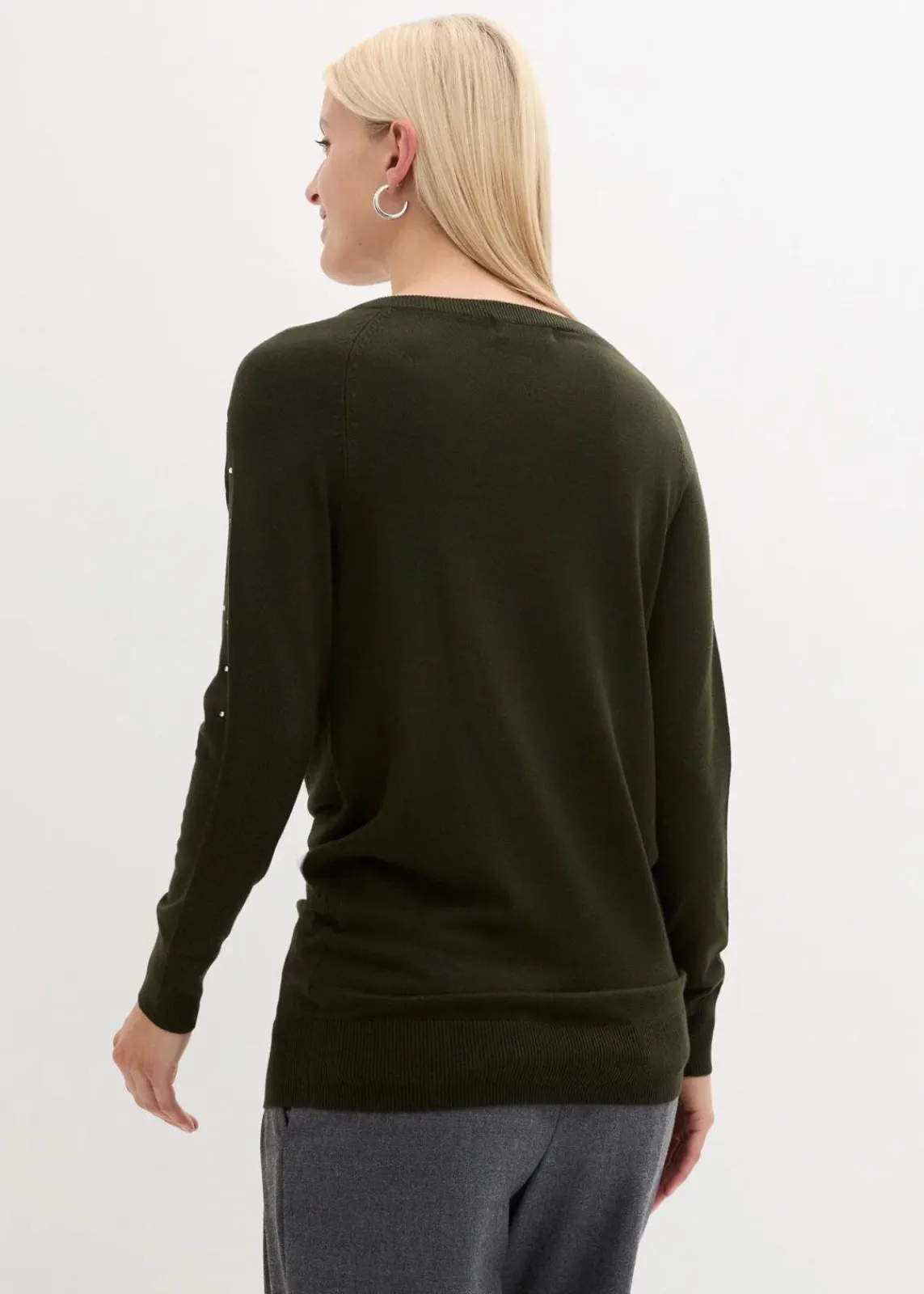 bonprix Bekleidung·Umstandsmode|Pullover & Strickjacken^Long-Pullover mit Glitzersteinen nachtoliv/silber