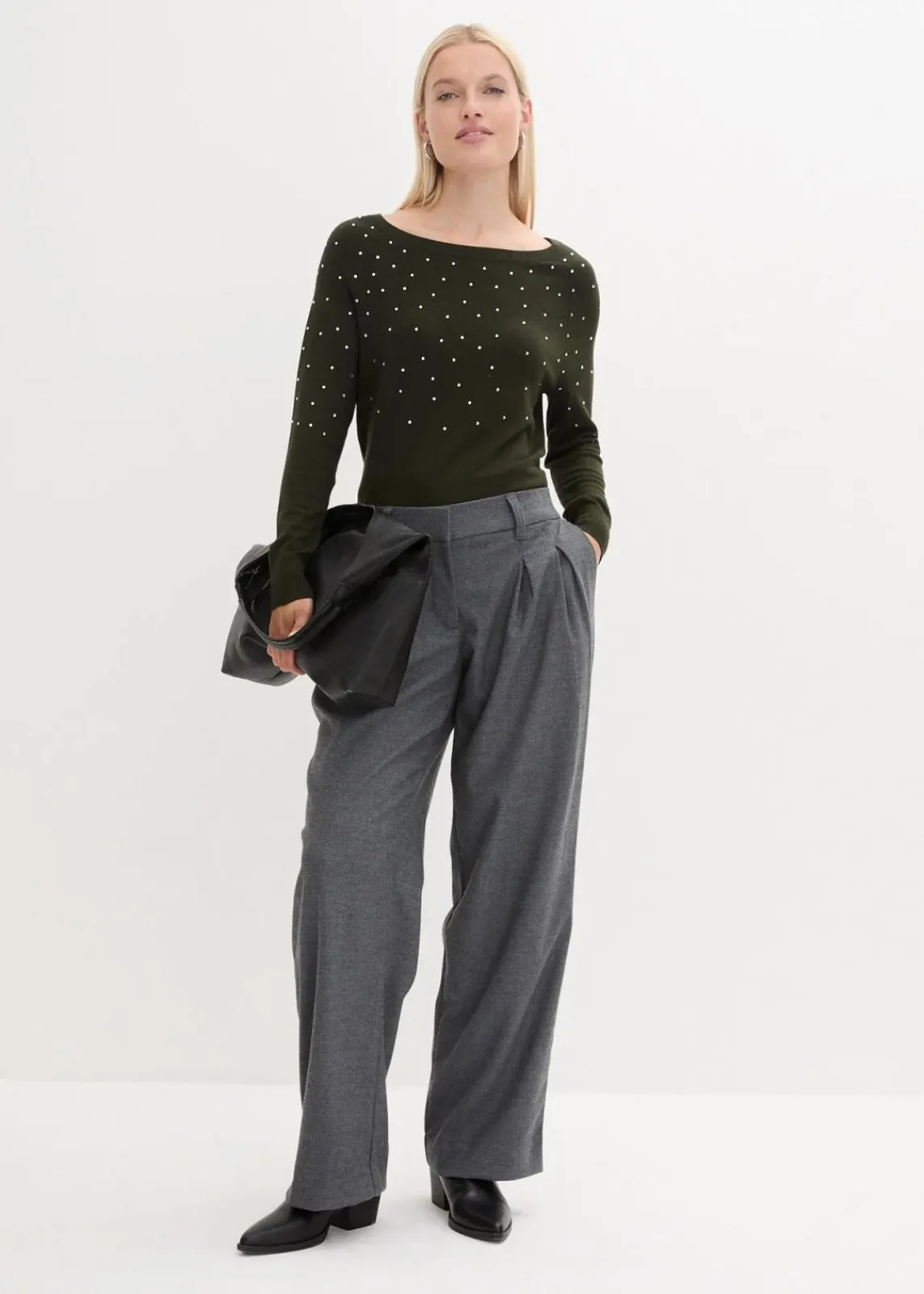 bonprix Bekleidung·Umstandsmode|Pullover & Strickjacken^Long-Pullover mit Glitzersteinen nachtoliv/silber