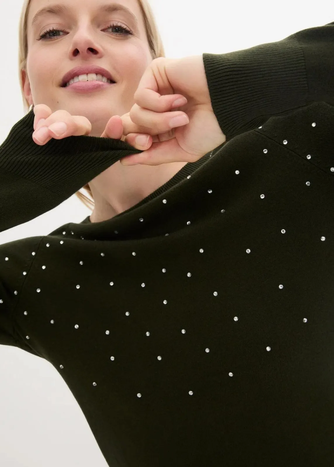 bonprix Bekleidung·Umstandsmode|Pullover & Strickjacken^Long-Pullover mit Glitzersteinen nachtoliv/silber
