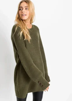 bonprix Pullover & Strickjacken|Bekleidung·Jeans^Longpullover mit Knöpfen dunkeloliv