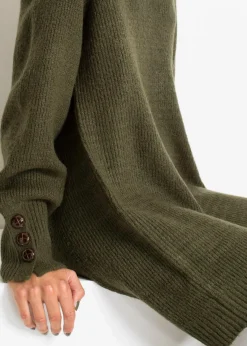 bonprix Pullover & Strickjacken|Bekleidung·Jeans^Longpullover mit Knöpfen dunkeloliv