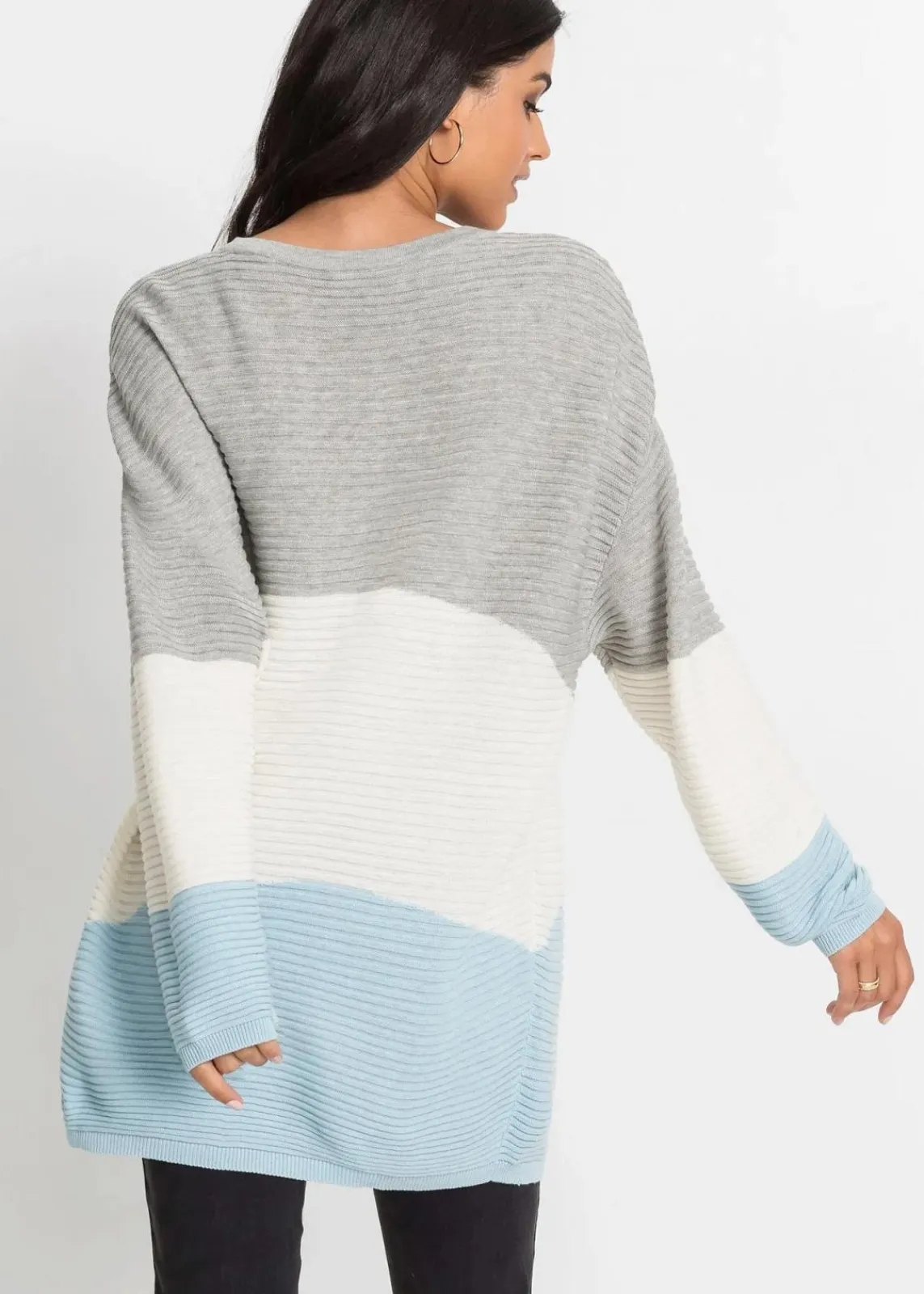 bonprix Bekleidung·Umstandsmode|Bekleidung·Jeans^Longpullover mit Rippmuster hellgrau meliert/wollweiß/eisblau gestreift