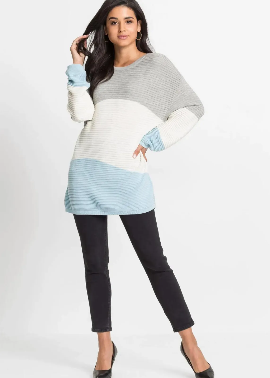 bonprix Bekleidung·Umstandsmode|Bekleidung·Jeans^Longpullover mit Rippmuster hellgrau meliert/wollweiß/eisblau gestreift