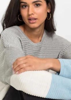 bonprix Bekleidung·Umstandsmode|Bekleidung·Jeans^Longpullover mit Rippmuster hellgrau meliert/wollweiß/eisblau gestreift