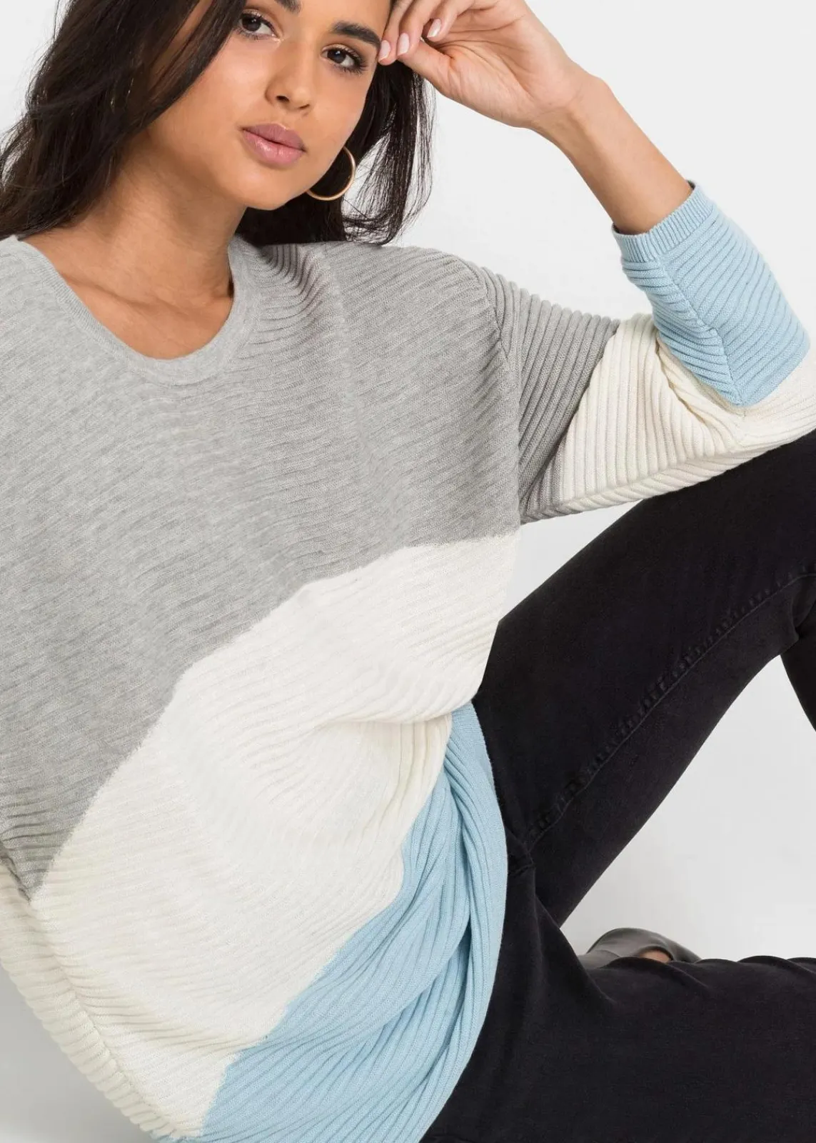 bonprix Bekleidung·Umstandsmode|Bekleidung·Jeans^Longpullover mit Rippmuster hellgrau meliert/wollweiß/eisblau gestreift