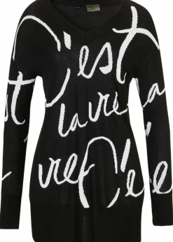bonprix Bekleidung·Umstandsmode|Bekleidung·Jeans^Longpullover mit Schriftzug schwarz/weiß bedruckt