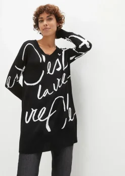 bonprix Bekleidung·Umstandsmode|Bekleidung·Jeans^Longpullover mit Schriftzug schwarz/weiß bedruckt