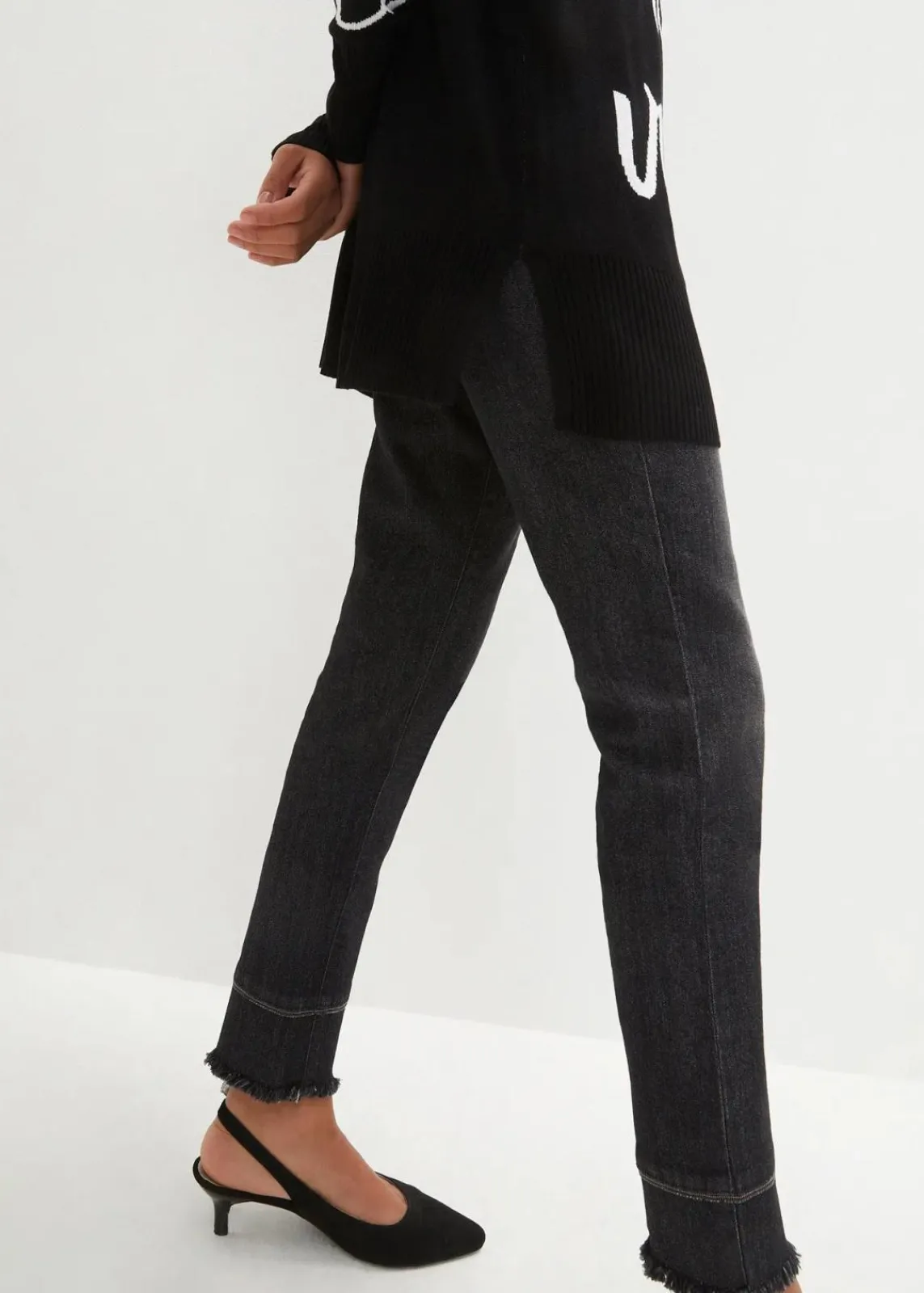 bonprix Bekleidung·Umstandsmode|Bekleidung·Jeans^Longpullover mit Schriftzug schwarz/weiß bedruckt