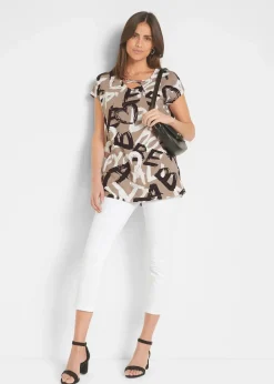bonprix Shirts & Tops^Longshirt taupe / schwarz / weiß bedruckt